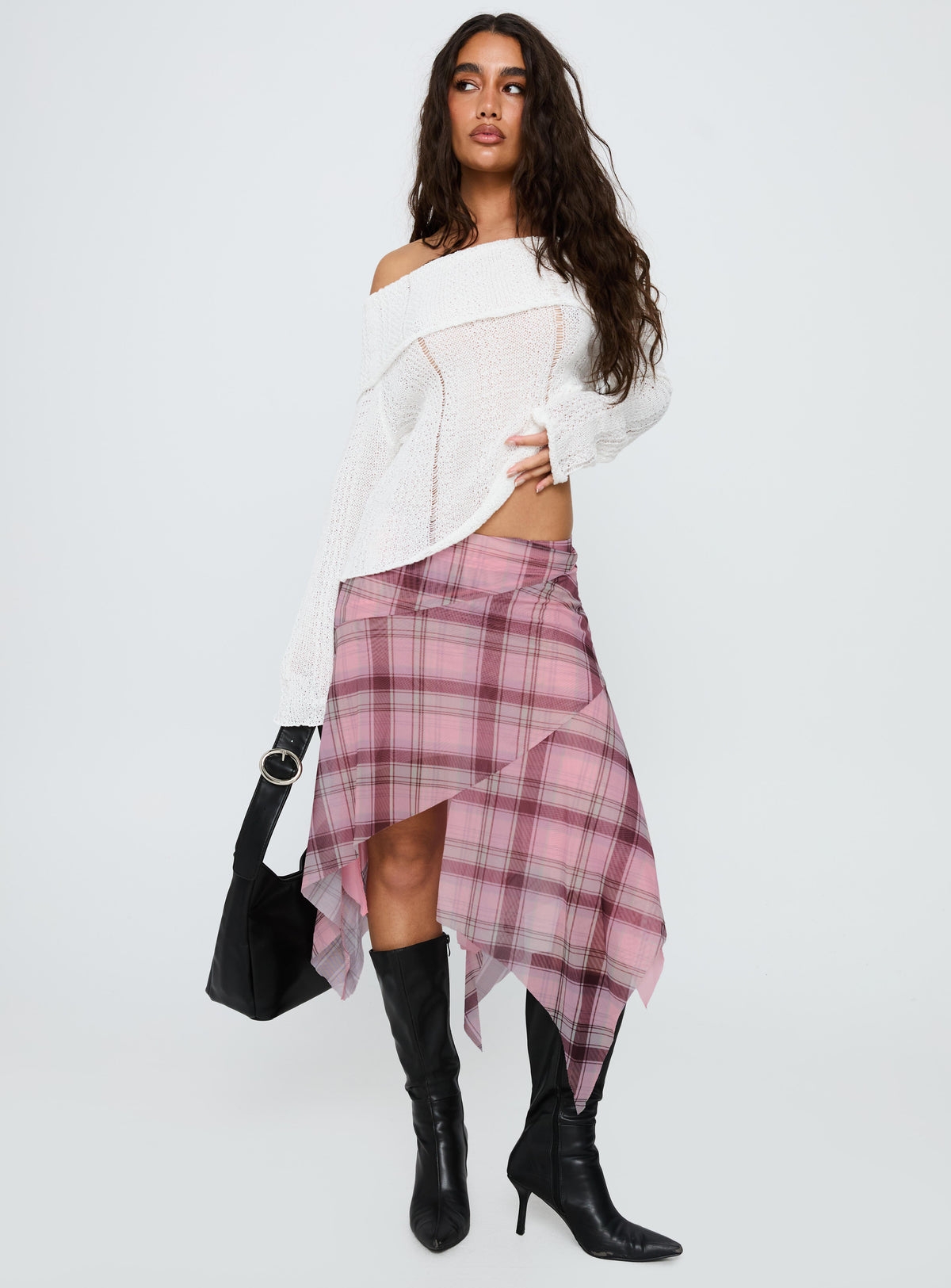 back view of model wearing Princess Polly Anali Asymmetrical Midi Skirt Pink / Multi Check Midi Skirts Skirts 