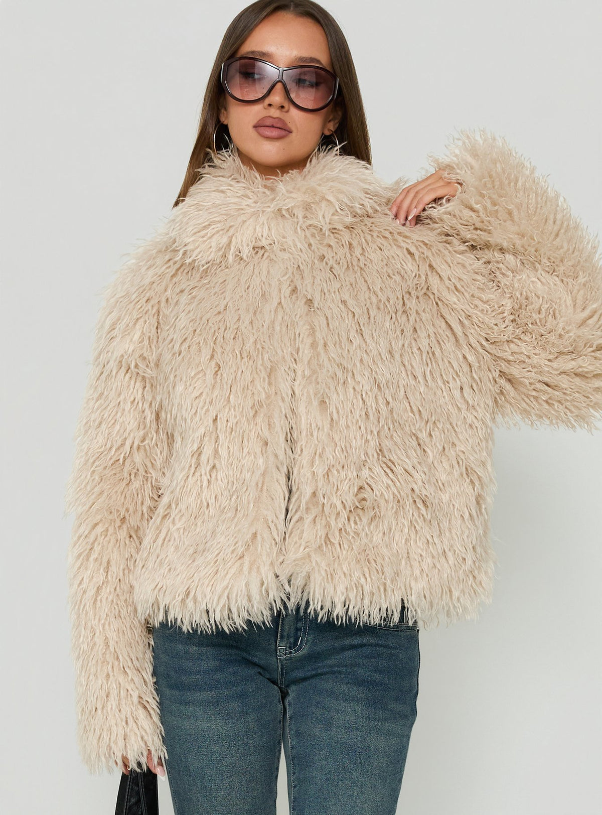 Kaiero Oversized Faux Fur Shag Jacket Cream