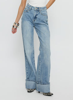Florida Keys Mid Rise Straight Leg Cuffed Jeans Light Blue Wash High Rise Jeans Jeans 