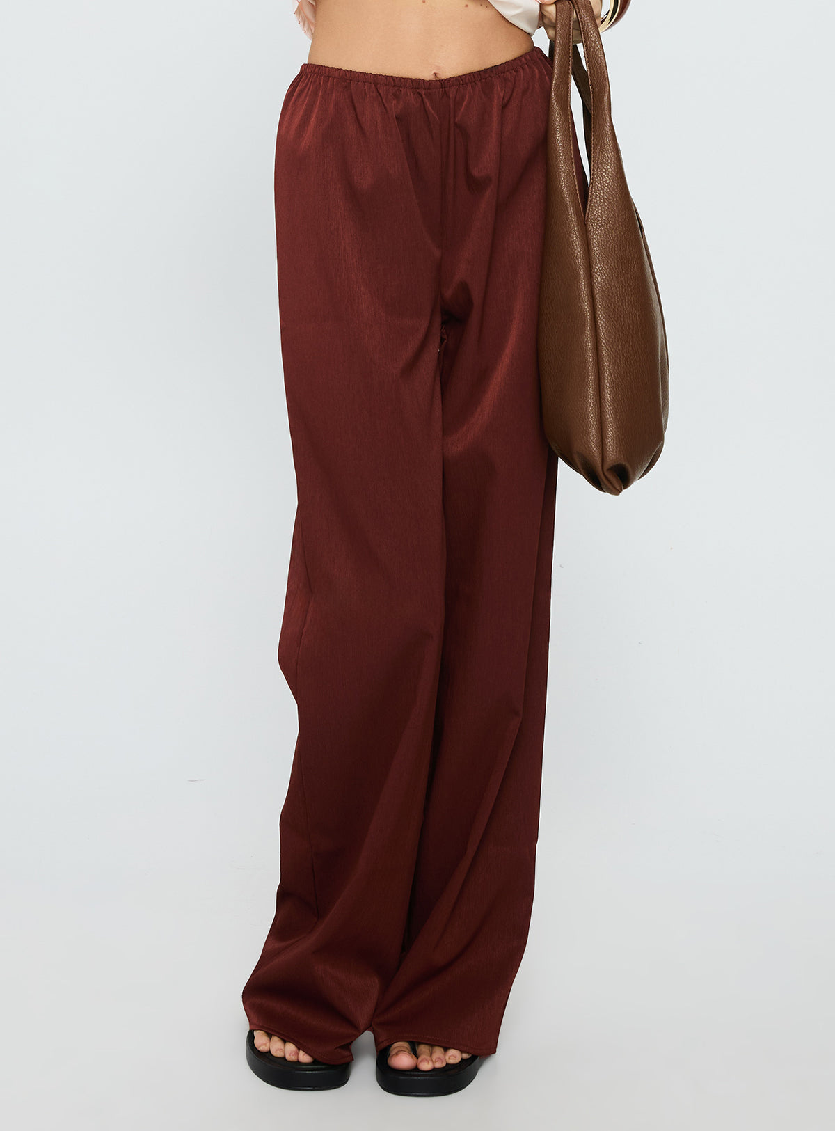 back view of model wearing Princess Polly Dorie Straight Leg Pants Chocolate High Waisted Pants 