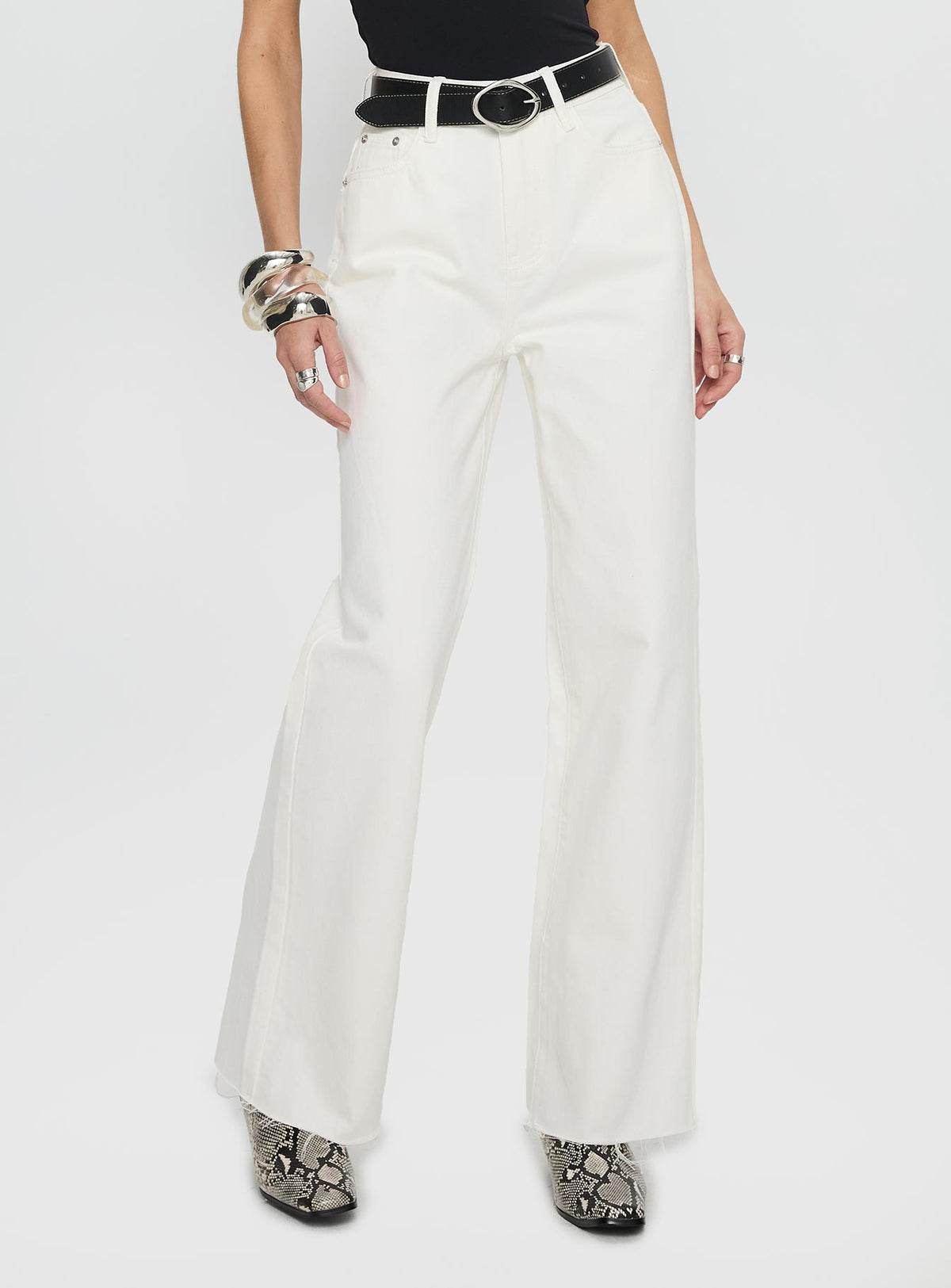 back view of model wearing Princess Polly Henesey High Rise Straight Leg Jeans White Wash High Waisted Jeans 