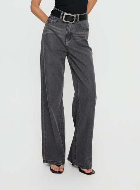 side view of model wearing Princess Polly Nicolo High Rise Straight Leg Jeans Washed Grey High Rise Jeans 