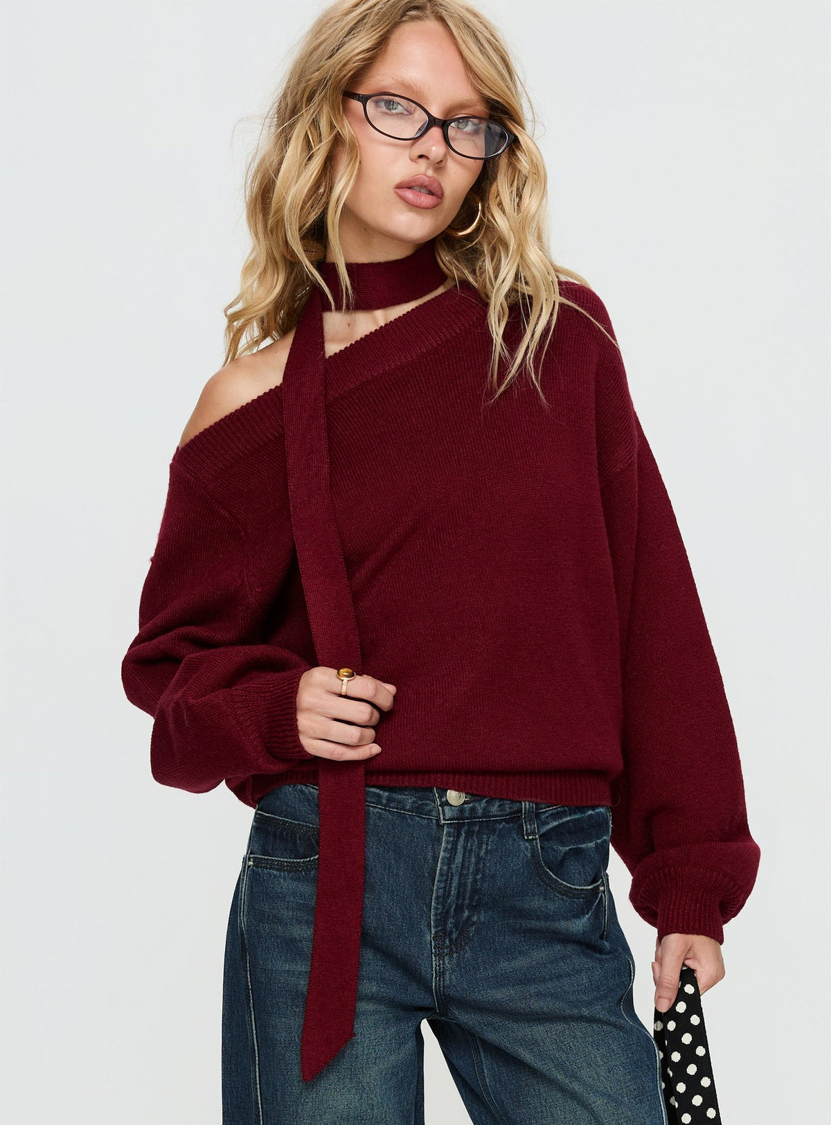 front view of model wearing Princess Polly Ruthi Scarf Off Shoulder Knit Sweater Burgundy Cropped Jumpers 