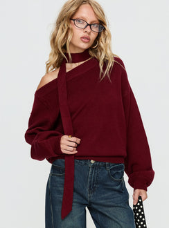 front view of model wearing Princess Polly Ruthi Scarf Off Shoulder Knit Sweater Burgundy Cropped Jumpers 