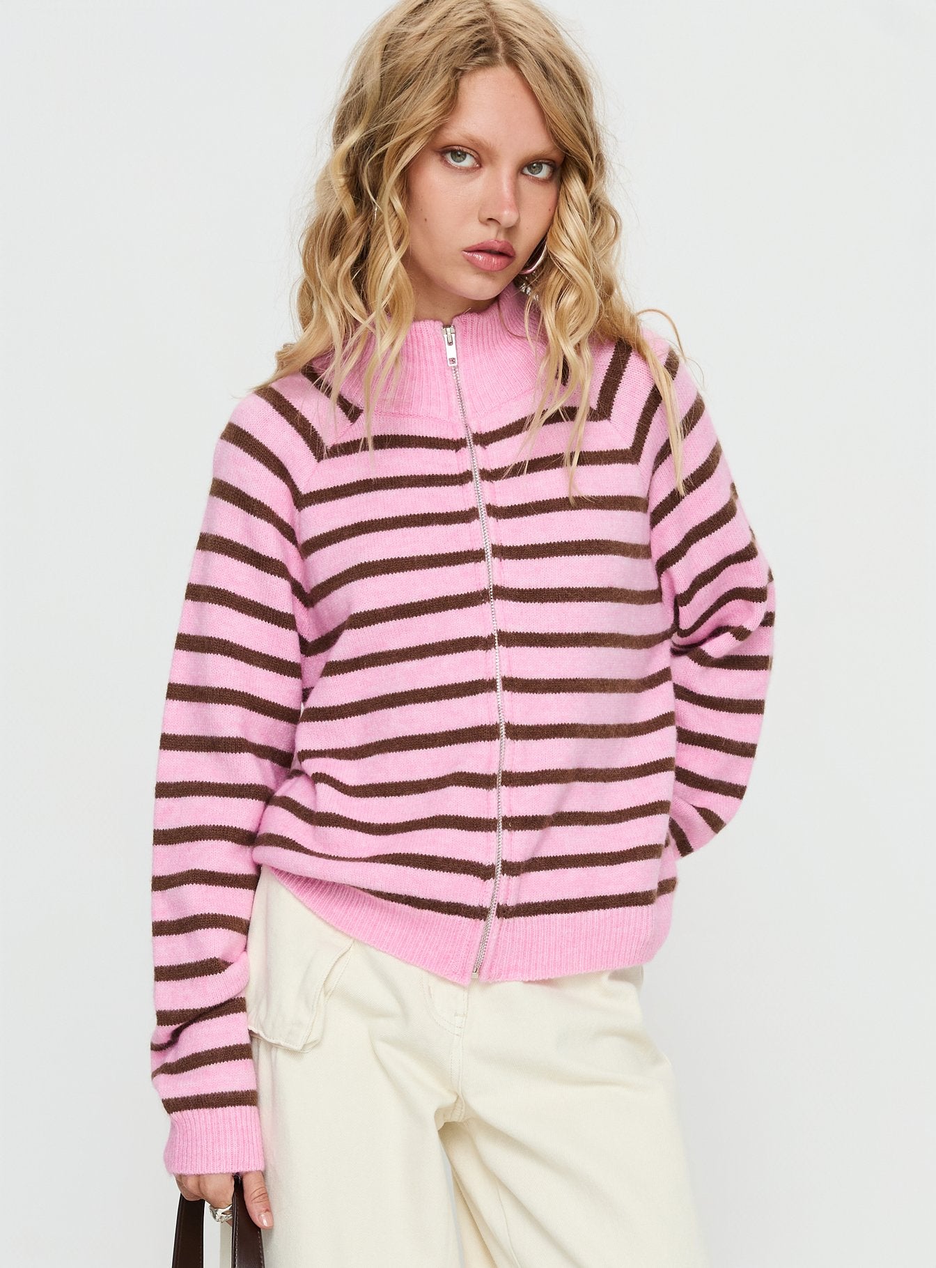 front view of model wearing Princess Polly Kaylei Zip Through Cardigan Pink Stripe regular 