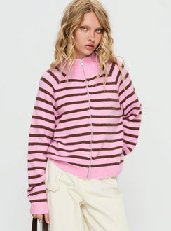 front view of model wearing Princess Polly Kaylei Zip Through Cardigan Pink Stripe regular 