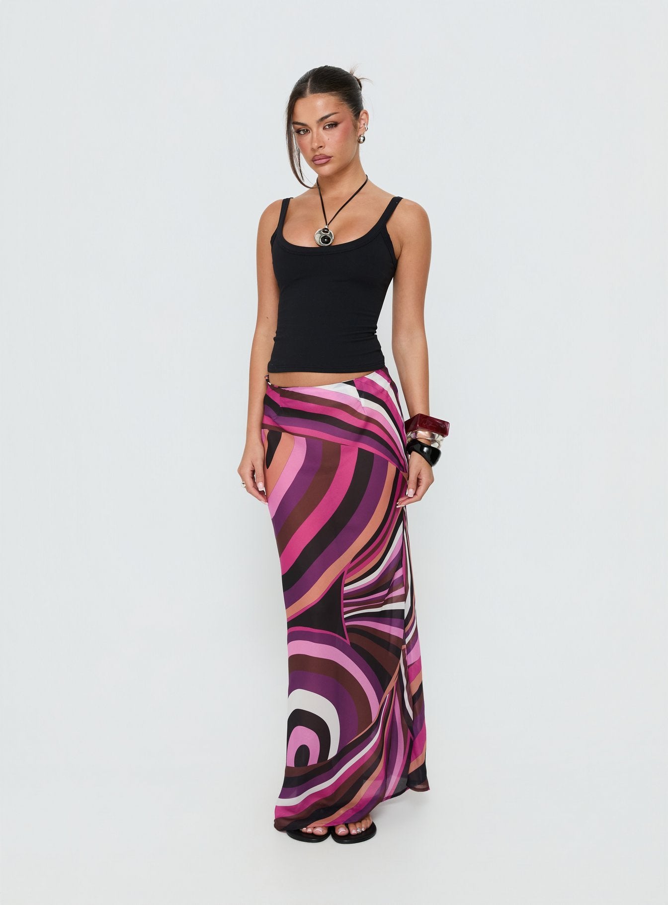 Discover the Lucidia Maxi Skirt Pink Retro in womens-skirts with maxi length front view of model wearing Princess Polly