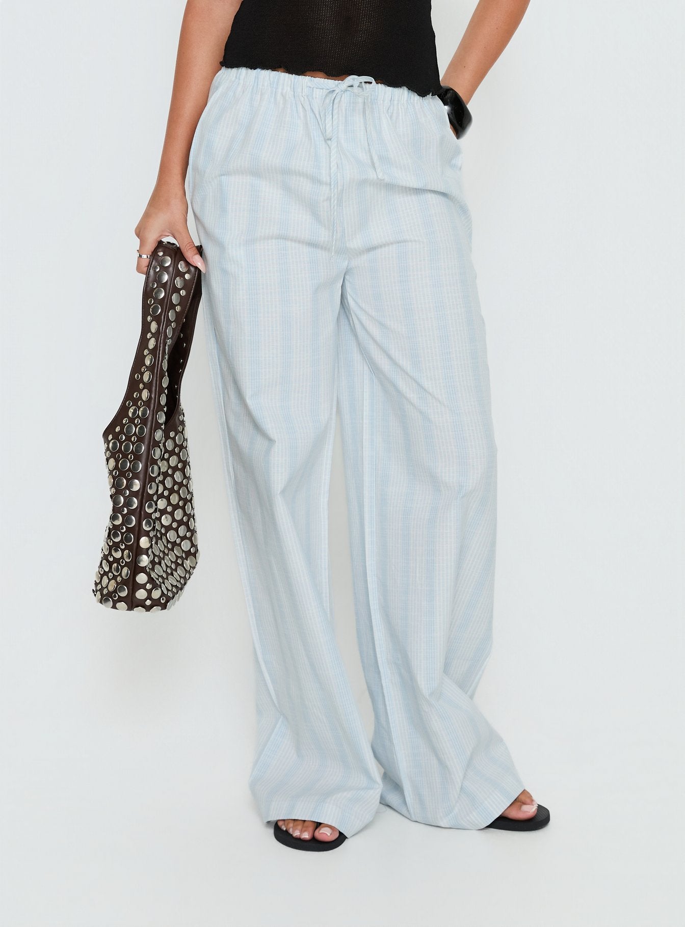 front view of model wearing Princess Polly Parklea Pants Blue / White Stripe High Rise Pants 