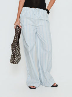 front view of model wearing Princess Polly Parklea Pants Blue / White Stripe High Rise Pants 