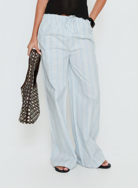 front view of model wearing Princess Polly Parklea Pants Blue / White Stripe High Rise Pants 