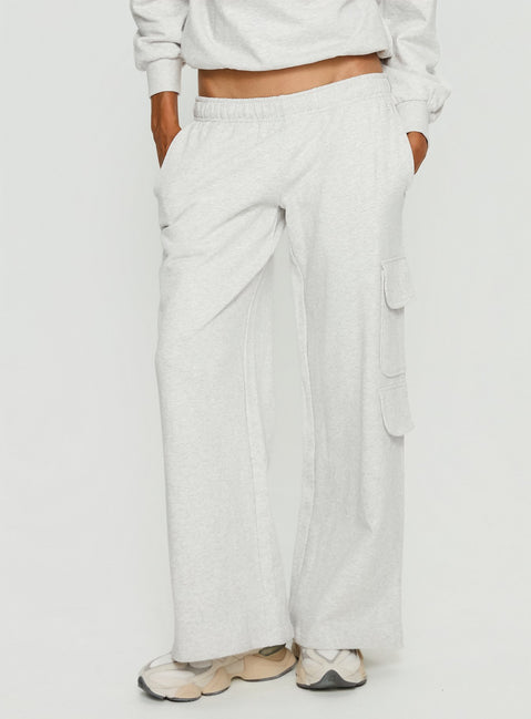 back view of model wearing Princess Polly Rozanna Cargo Sweat Pants Grey Marle Mid Rise Pants 