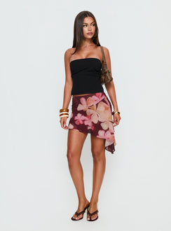   front view of model wearing Princess Polly Allissa Chiffon Asymmetrical Mini Skirt Burgundy Floral 