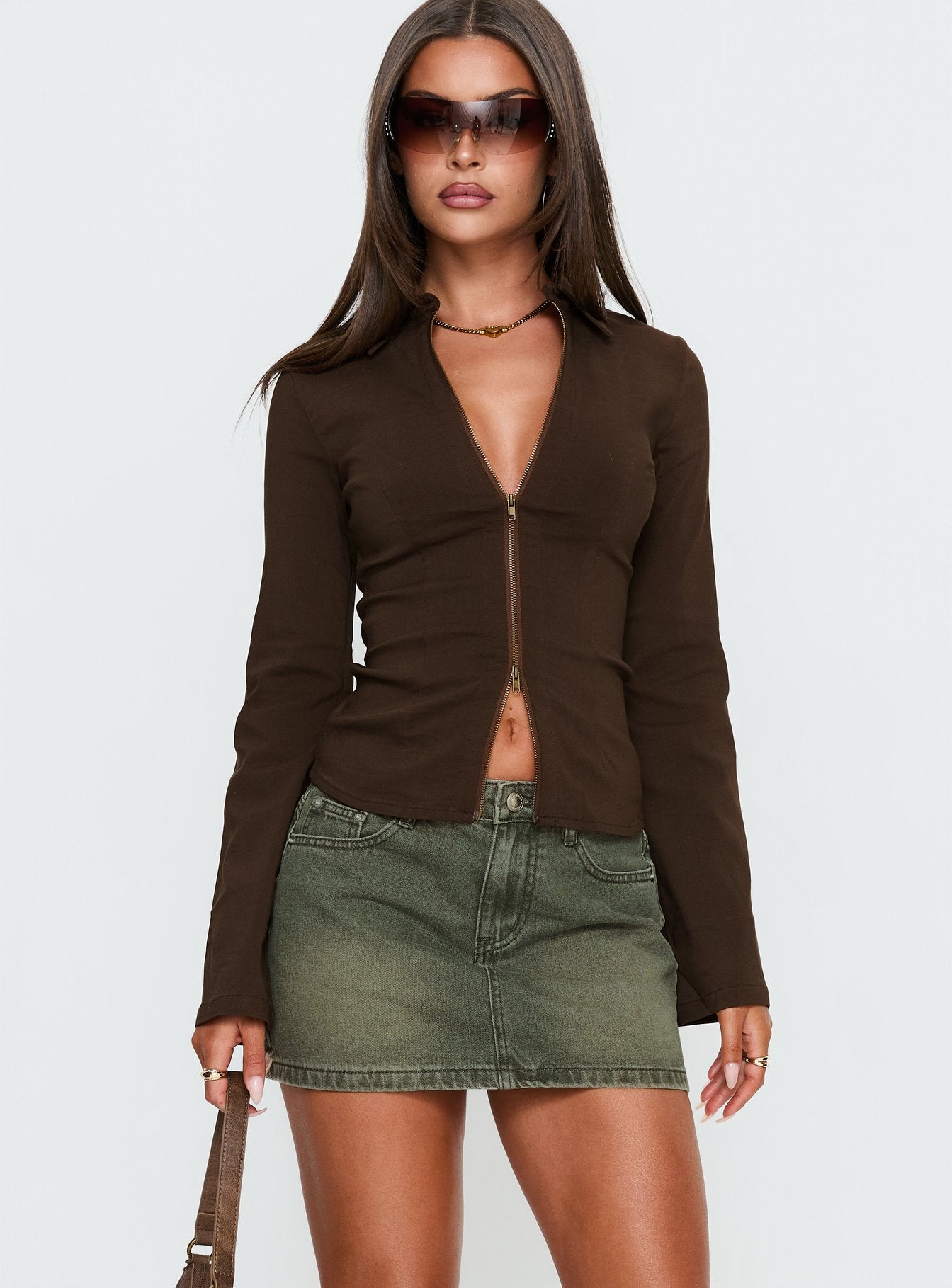   front view of model wearing Princess Polly Laynee Butterfly Mini Skirt Washed Green Mini Skirts 
