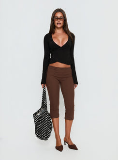 back view of model wearing Princess Polly Baseline Rib Capri Pants Chocolate Mid Rise Pants 