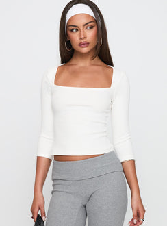 front view of model wearing Princess Polly So American Rib 3/4 Sleeve Top White Three Fourth Sleeves Square Neck 