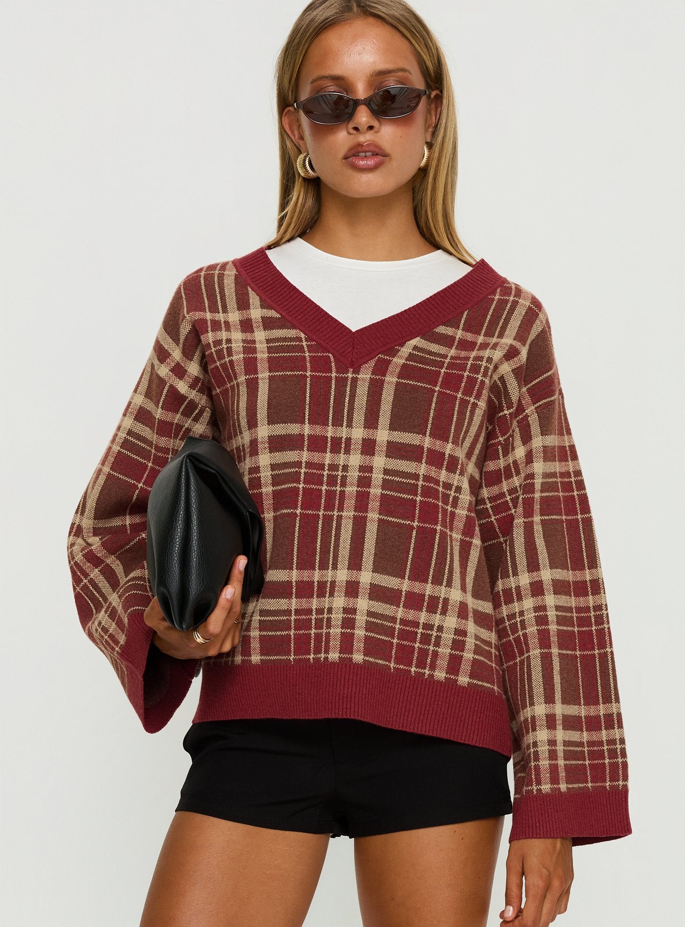 front view of model wearing Princess Polly Sydda V Neck Knit Sweater Red Plaid Cropped Jumpers 