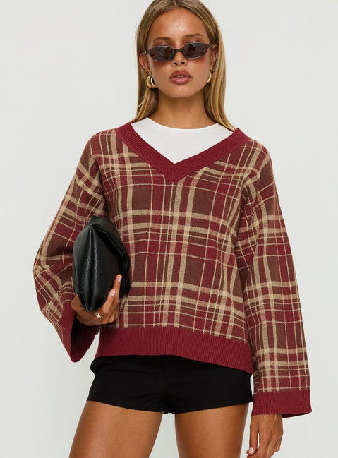 front view of model wearing Princess Polly Sydda V Neck Knit Sweater Red Plaid Cropped Jumpers 