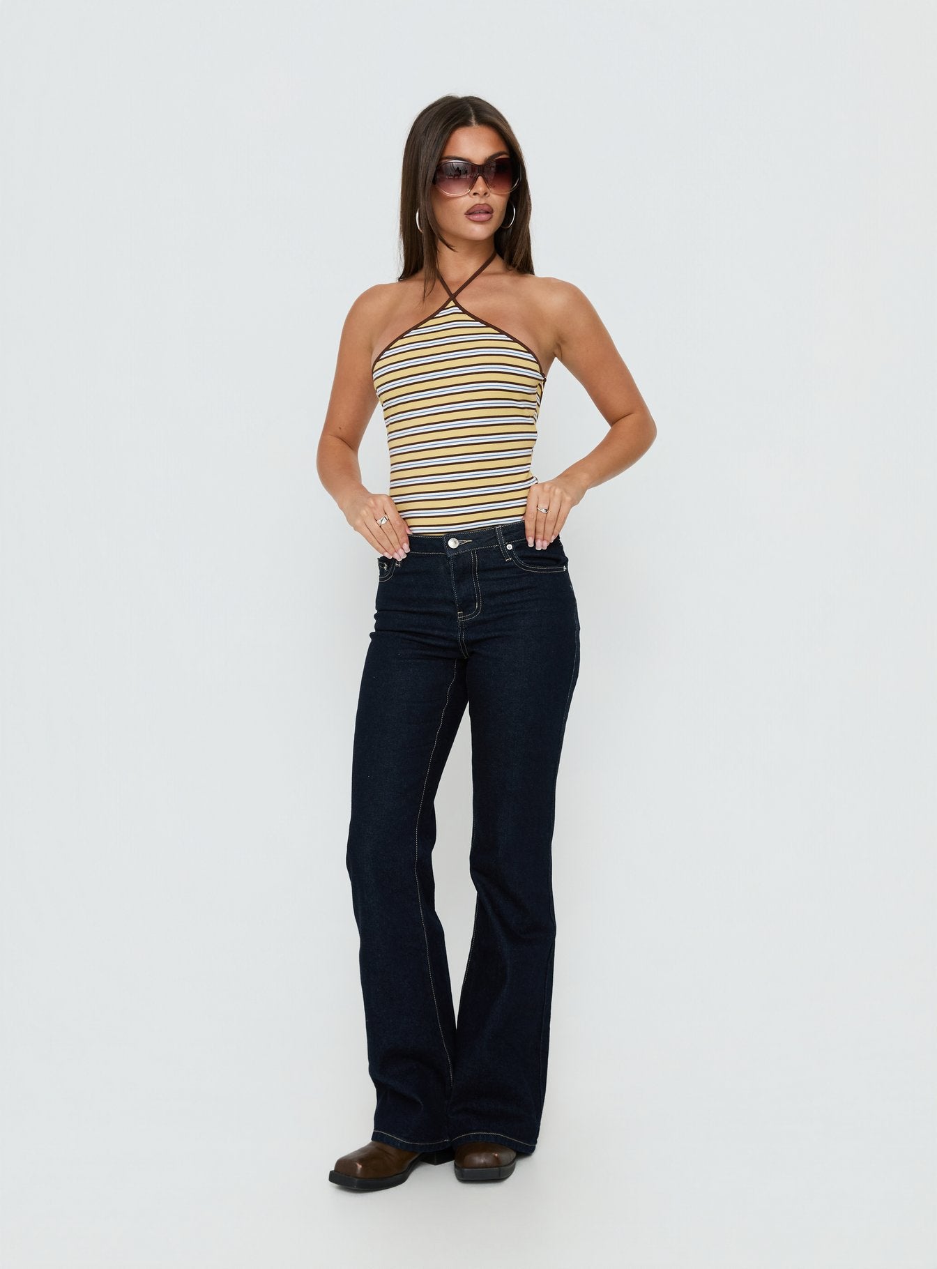 Featuring the Aethoria Arrowneck Bodysuit Multi Stripe womens bodysuit in sleeveless style product Princess Polly
