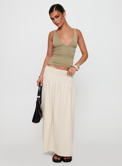   front view of model wearing Princess Polly Small Towns Shirred Midi Skirt Beige Maxi 
