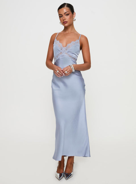 front view of model wearing Princess Polly Treasure Bias Cut Maxi Dress Blue V-Neck 
