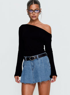 back view of model wearing Princess Polly Debera Pleated Mini Skirt Mid Blue Wash 