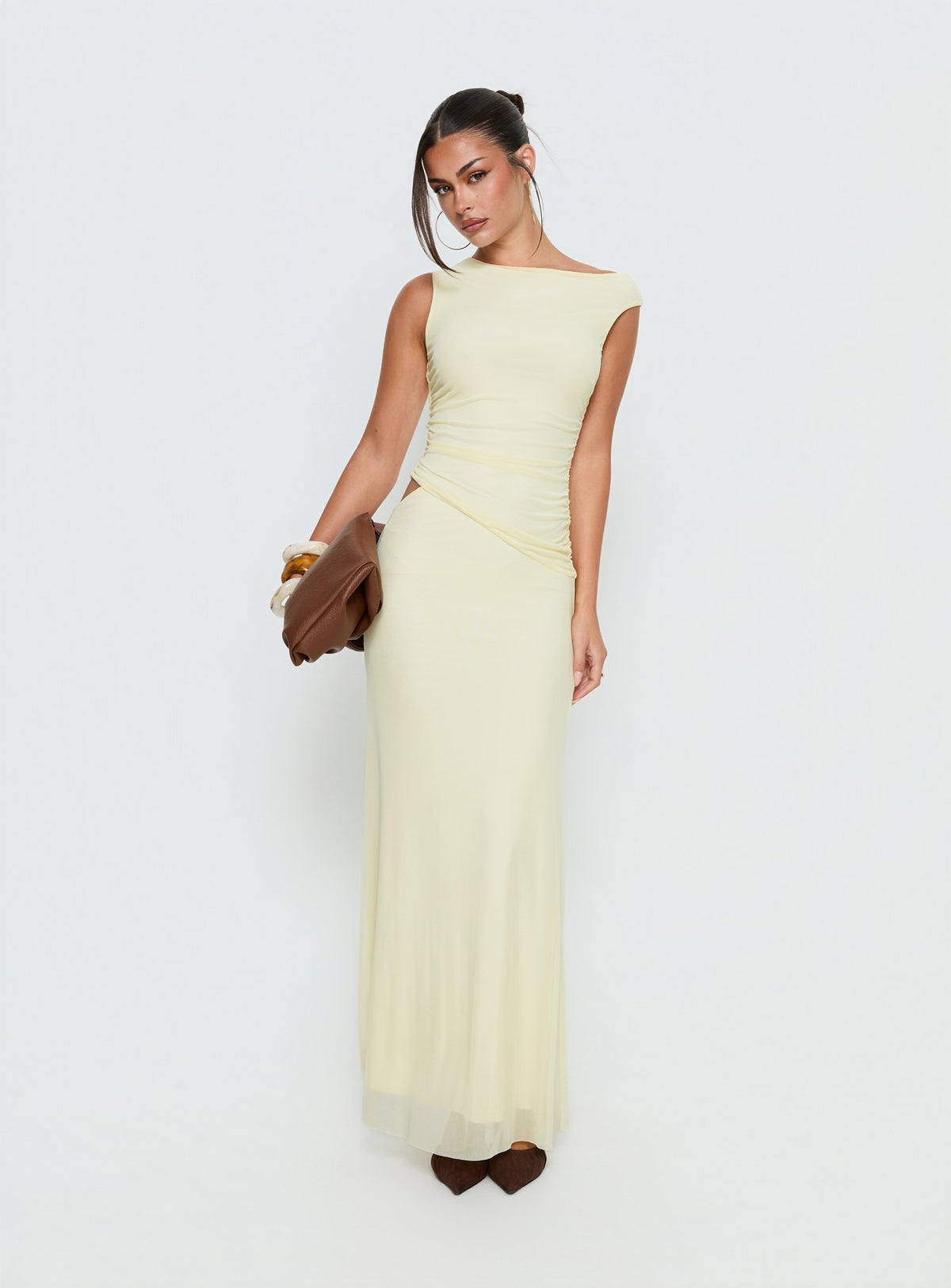 Krystyna Off Shoulder Ruched Mesh Maxi Dress Butter