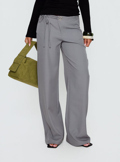 back view of model wearing Princess Polly Ikana Tie Side Pants Grey Mid Rise Pants 