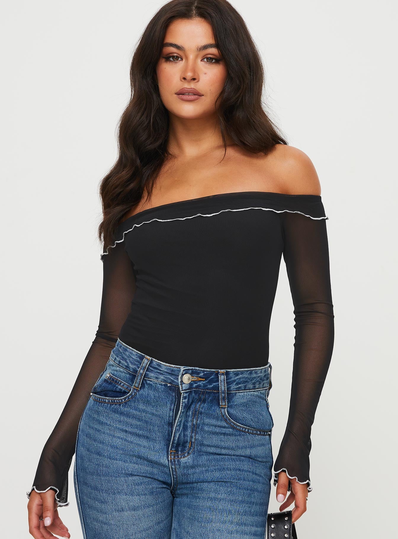 front view of model wearing Princess Polly Arsema Off The Shoulder Bodysuit Black Full Sleeves 