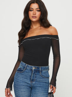 front view of model wearing Princess Polly Arsema Off The Shoulder Bodysuit Black Full Sleeves 