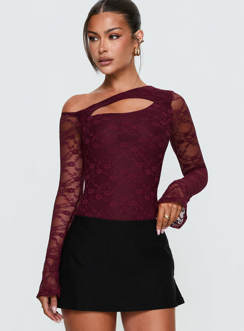 front view of model wearing Princess Polly Macaria Long Sleeve Lace Bodysuit Red Long Sleeve Tops 