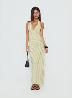 Adolena Halter Ruched Maxi Dress Yellow Stripe