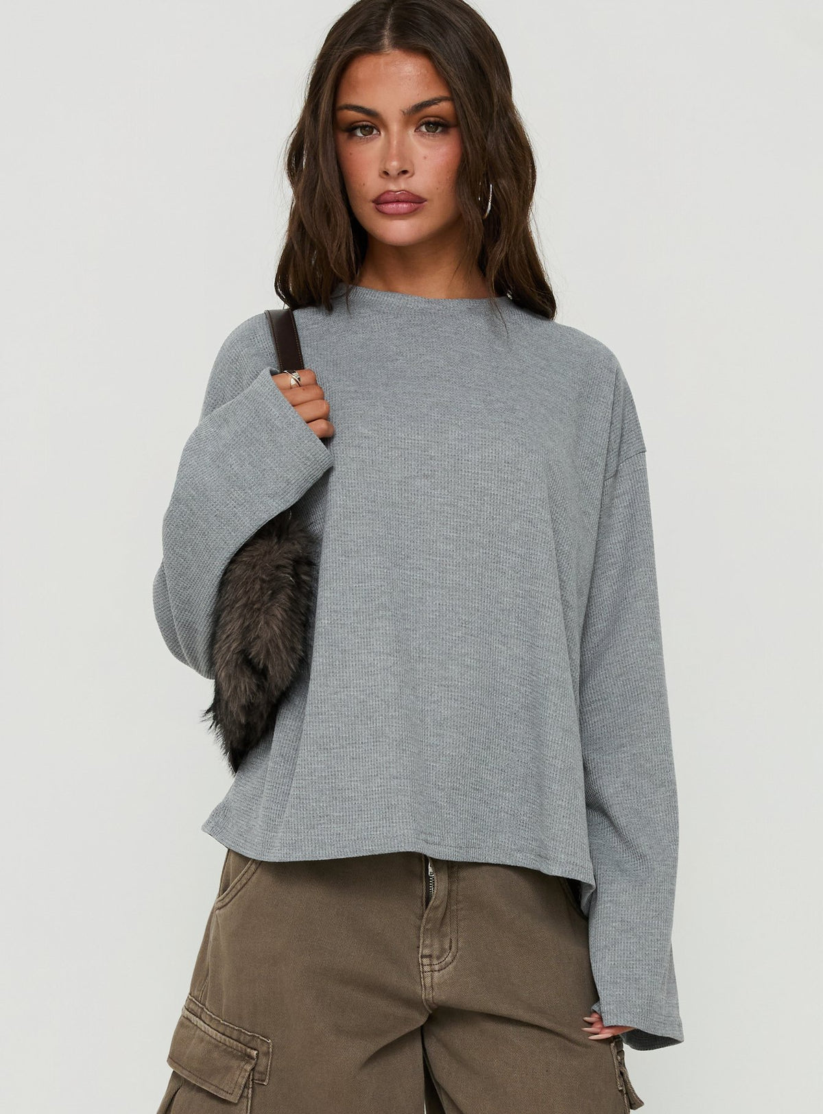 Arlla Waffle Jersey Long Sleeve Top Grey