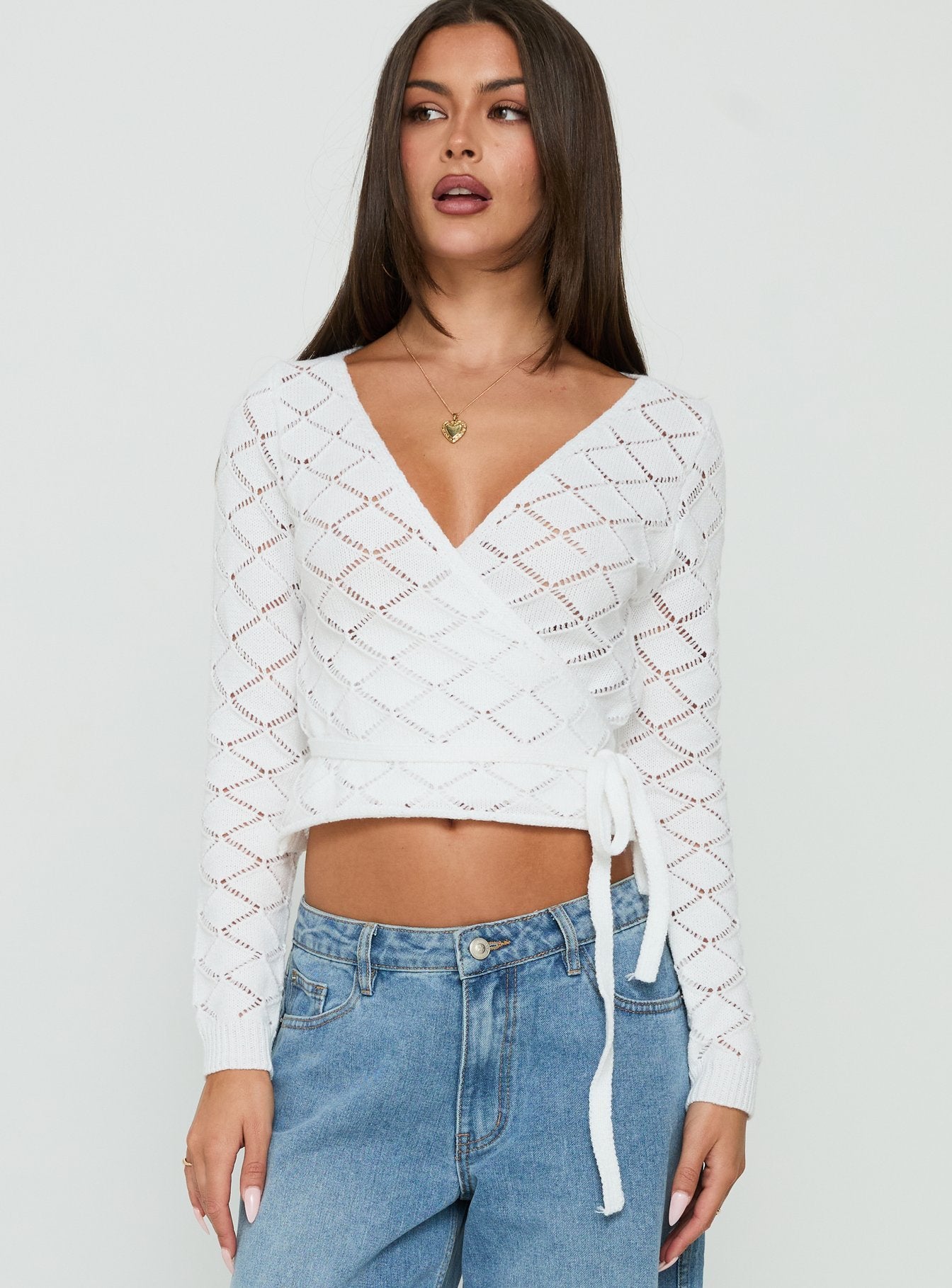 Crafted with geometric patterned Lesla Crochet Wrap Cardigan White womens-jumpers with v-neck and oversized fit detail Princess Polly