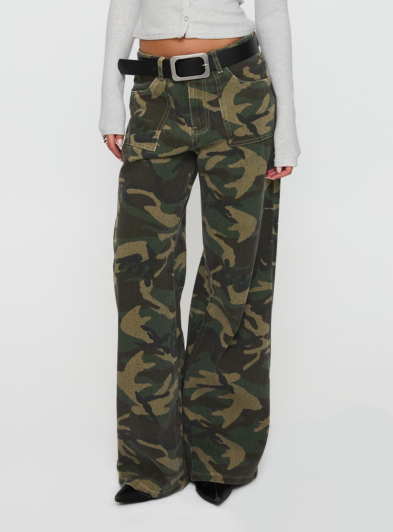 back view of model wearing Princess Polly Briony Mid Rise Wide Leg Jeans Camouflage Low Rise Jeans Jeans 