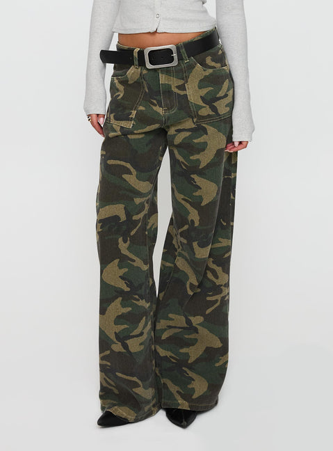 back view of model wearing Princess Polly Briony Mid Rise Wide Leg Jeans Camouflage Low Rise Jeans Jeans 