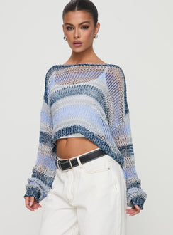 Crafted with Perren Sweater Blue Stripe womens-jumpers in short length detail view of model wearing Princess Polly