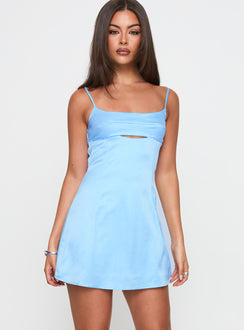 back view of model wearing Princess Polly Powell Mini Dress Light Blue Scoop Neck 