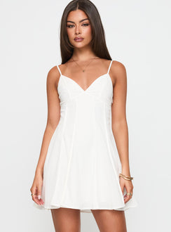 front view of model wearing Princess Polly Libertie Pleat Mini Dress White V-Neck 