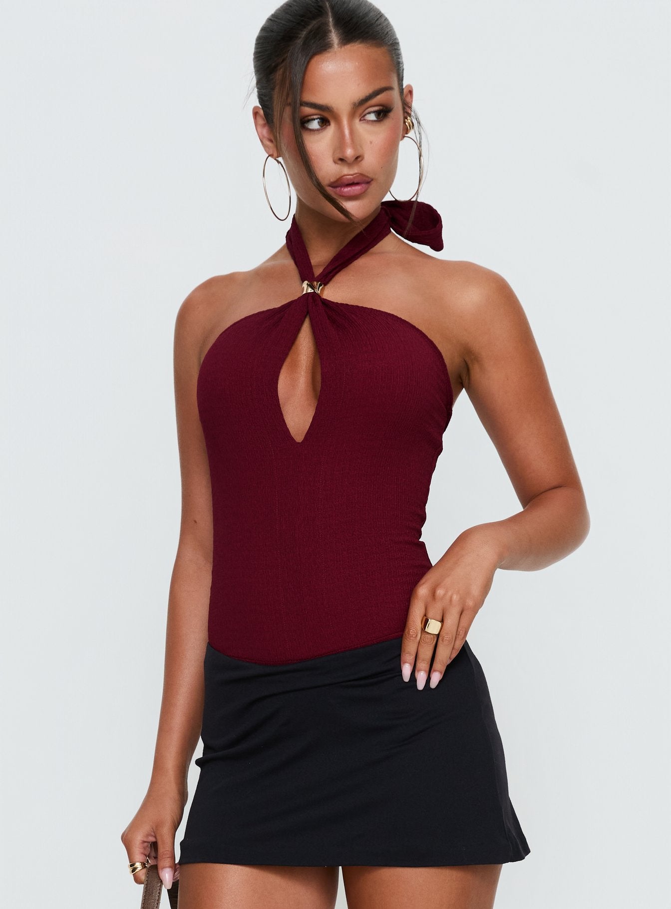 front view of model wearing Princess Polly Bridey Cut Out Bodysuit Red Sleeveless 