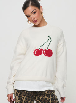 Featuring the Cherry Dreams Knit Jumper Cream womens jumpers with long top length detail view of model wearing Princess Polly