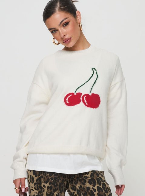 Featuring the Cherry Dreams Knit Jumper Cream womens jumpers with long top length detail view of model wearing Princess Polly
