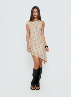 Jamyma Asymmetrical Mini Dress Beige Stripe