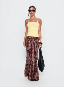   front view of model wearing Princess Polly Caviar Tie Maxi Skirt Brown Stripe Maxi Skirts 