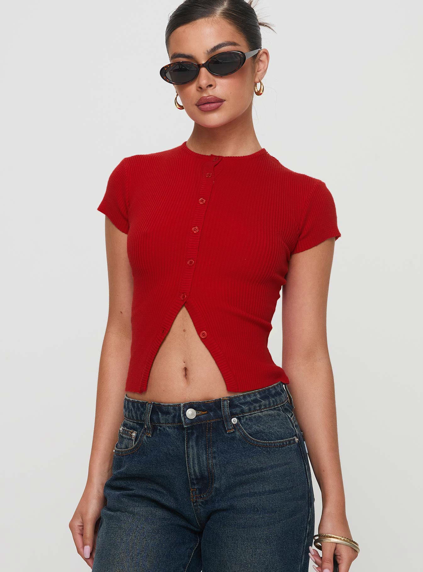 back view of model wearing Princess Polly Suzu Top Red Short Sleeves High Neck 