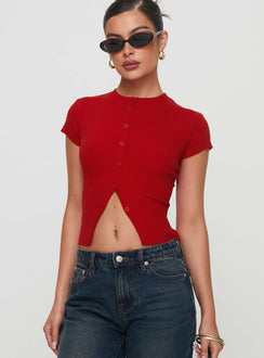 back view of model wearing Princess Polly Suzu Top Red Short Sleeves High Neck 