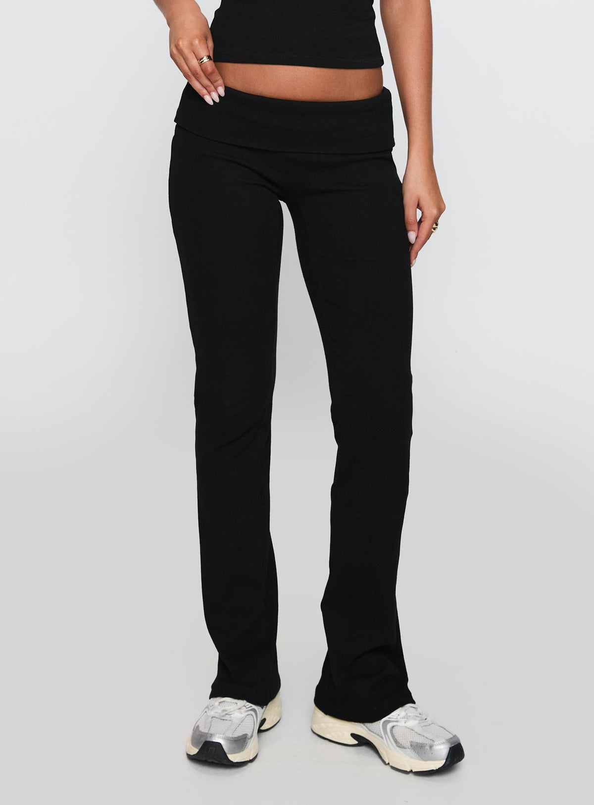 side view of model wearing Princess Polly Truth Be Told Straight Leg Pant Black Low Rise Pants 