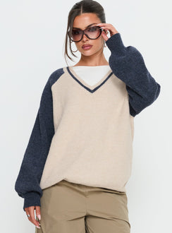 back view of model wearing Princess Polly Adana V Neck Graphic Knit Sweater Multi Longline Jumpers 