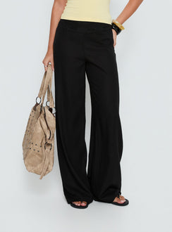 back view of model wearing Princess Polly Peroma Linen Straight Leg Pants Black High Rise Pants 
