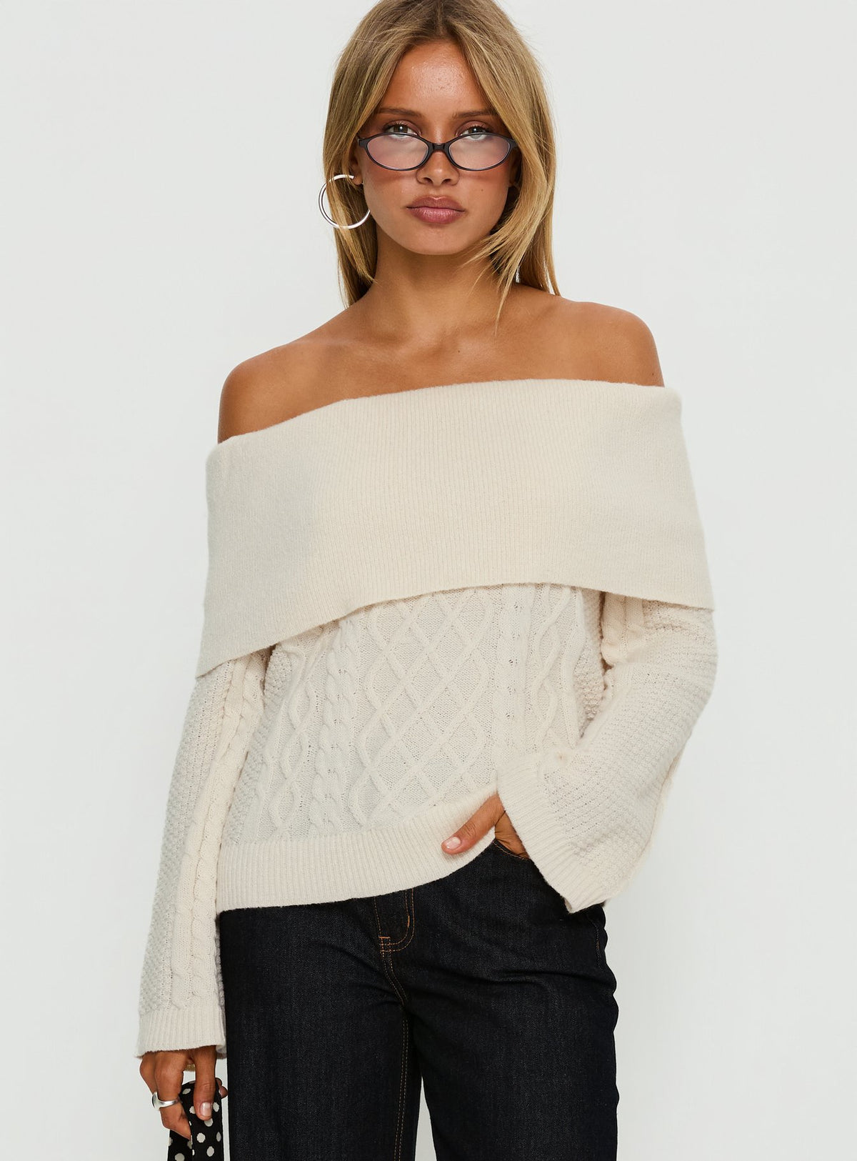 Presenting the Margarete Off Shoulder Knit Sweater Cream womens jumper with short length and boat neckline front view of model wearing Princess Polly