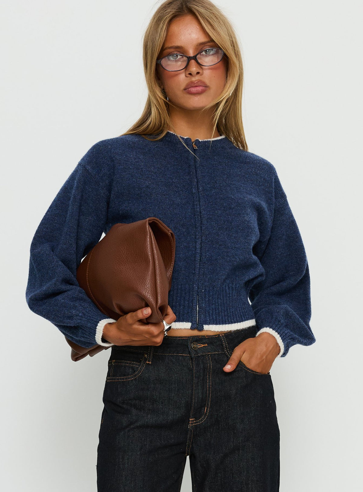 front view of model wearing Princess Polly Amandi Zip Through Knit Jumper Navy / Cream Cropped Jumpers 